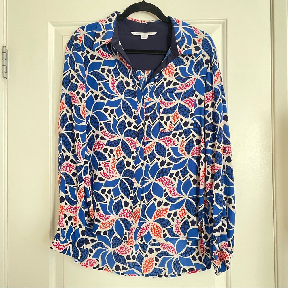 Diane Von Furstenberg Silk Vibrant Blue and Red Button‎ Down Shirt Long Sleeve